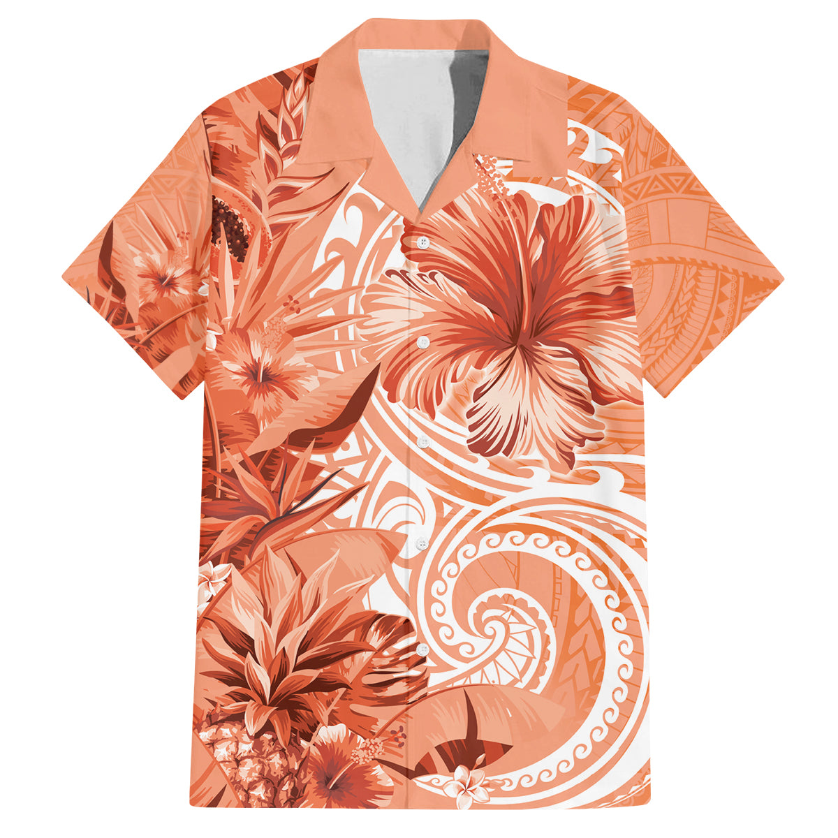 Polynesian Hibiscus Flower Tribal Family Matching Tank Maxi Dress and Hawaiian Shirt Peach Color LT9 Dad's Shirt - Short Sleeve Peach - Polynesian Pride