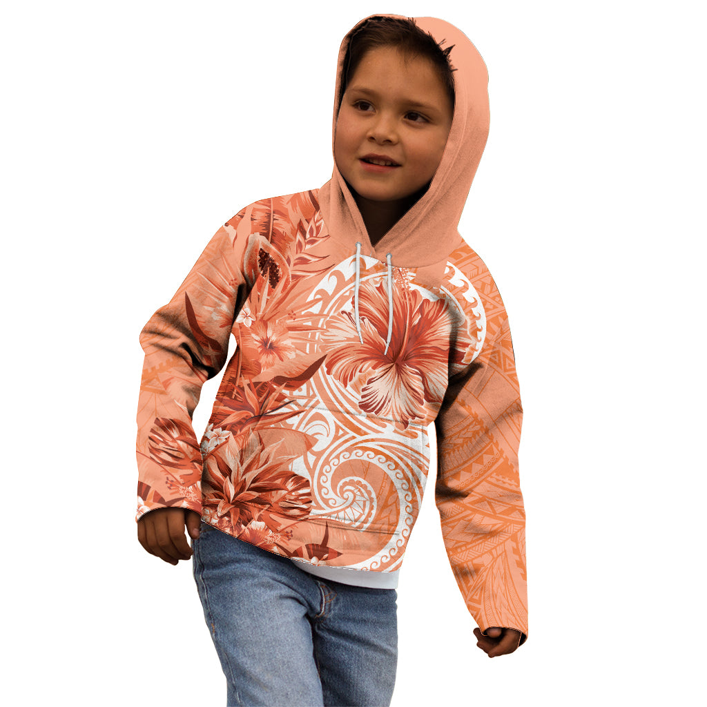 Polynesian Hibiscus Flower Tribal Kid Hoodie Peach Color
