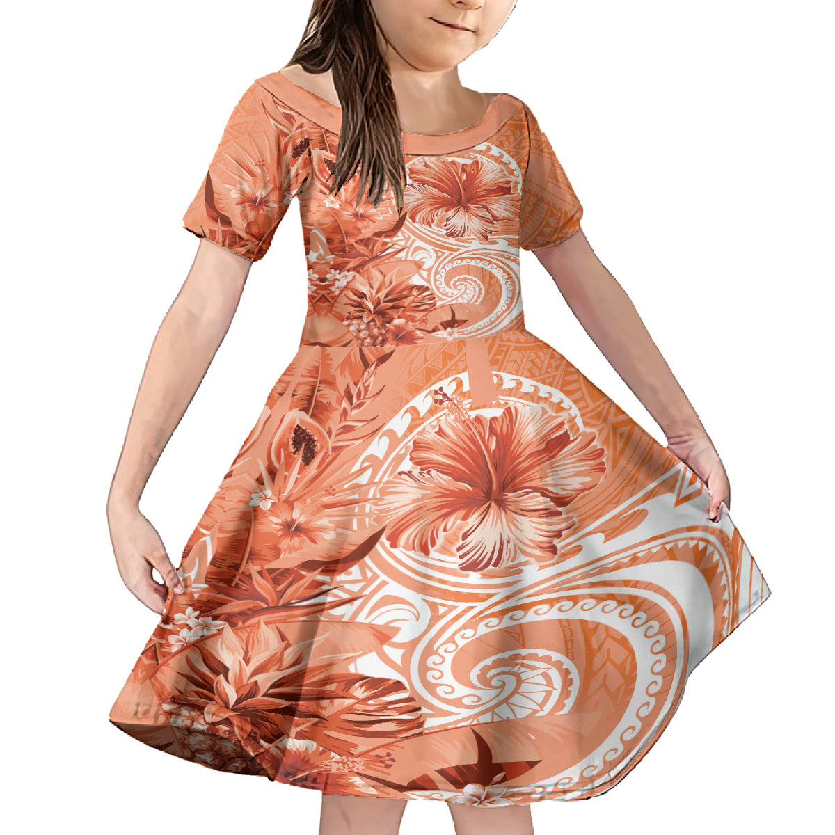 Polynesian Hibiscus Flower Tribal Kid Short Sleeve Dress Peach Color LT9 KID Peach - Polynesian Pride