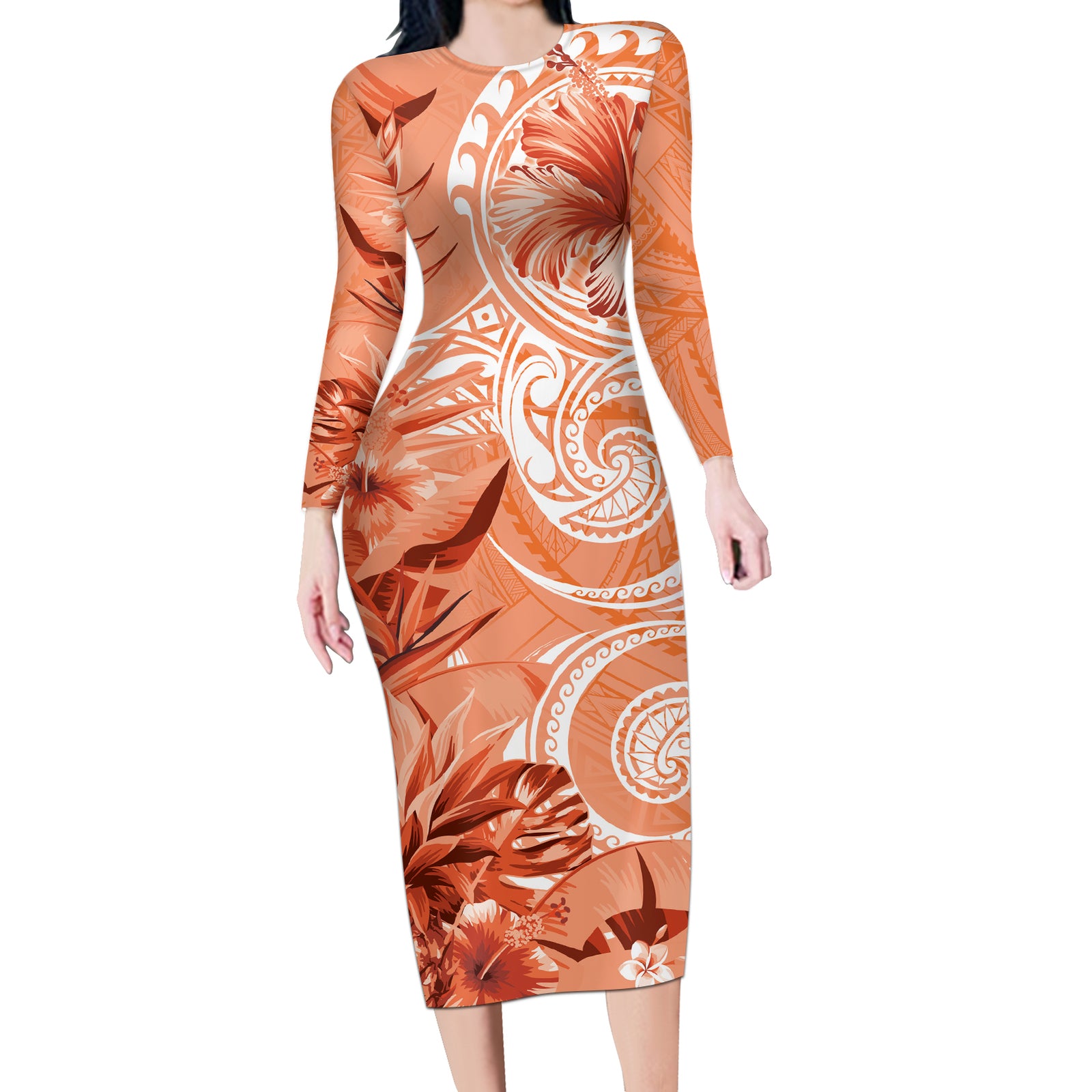 Polynesian Hibiscus Flower Tribal Long Sleeve Bodycon Dress Peach Color LT9 Long Dress Peach - Polynesian Pride