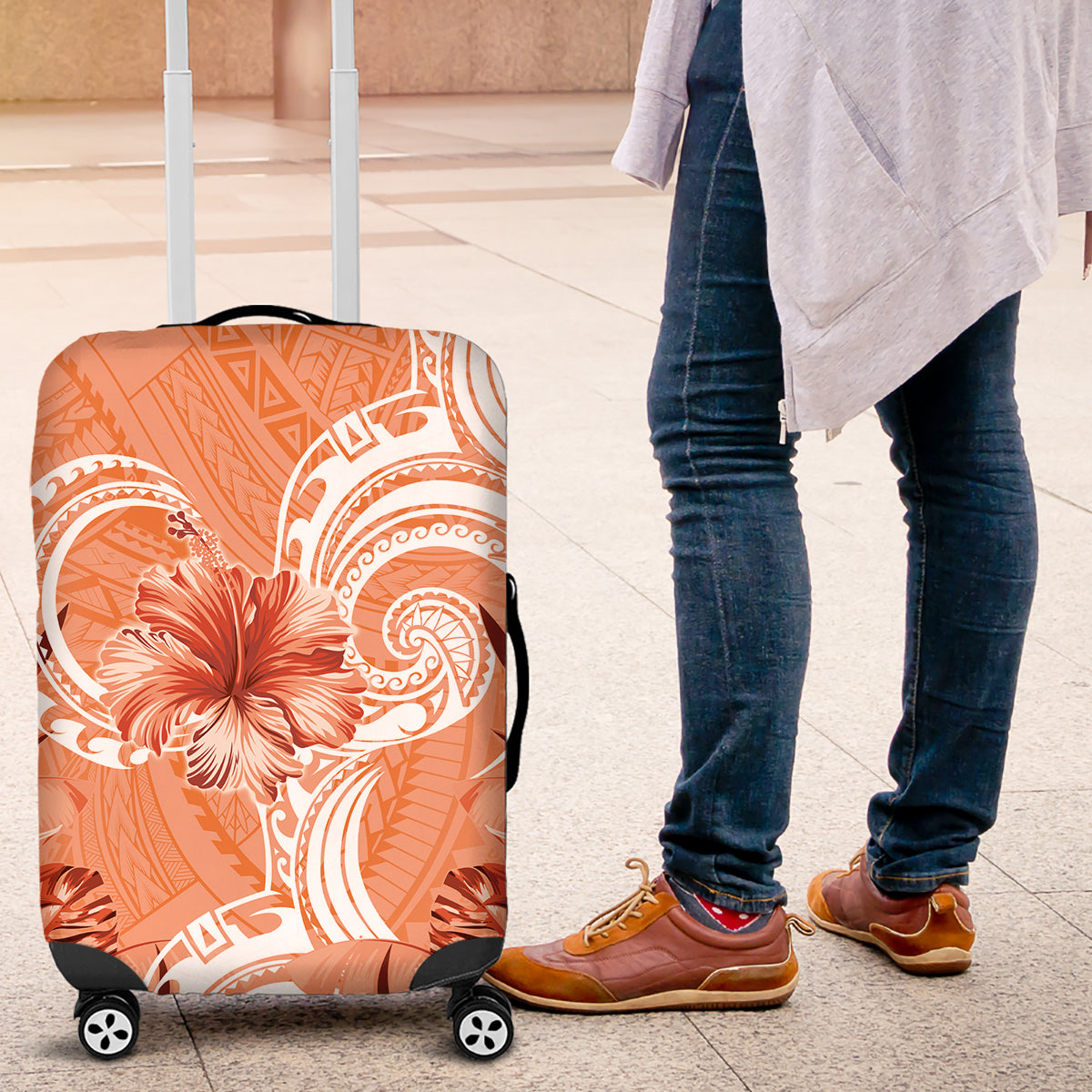 Polynesian Hibiscus Flower Tribal Luggage Cover Peach Color LT9 Peach - Polynesian Pride