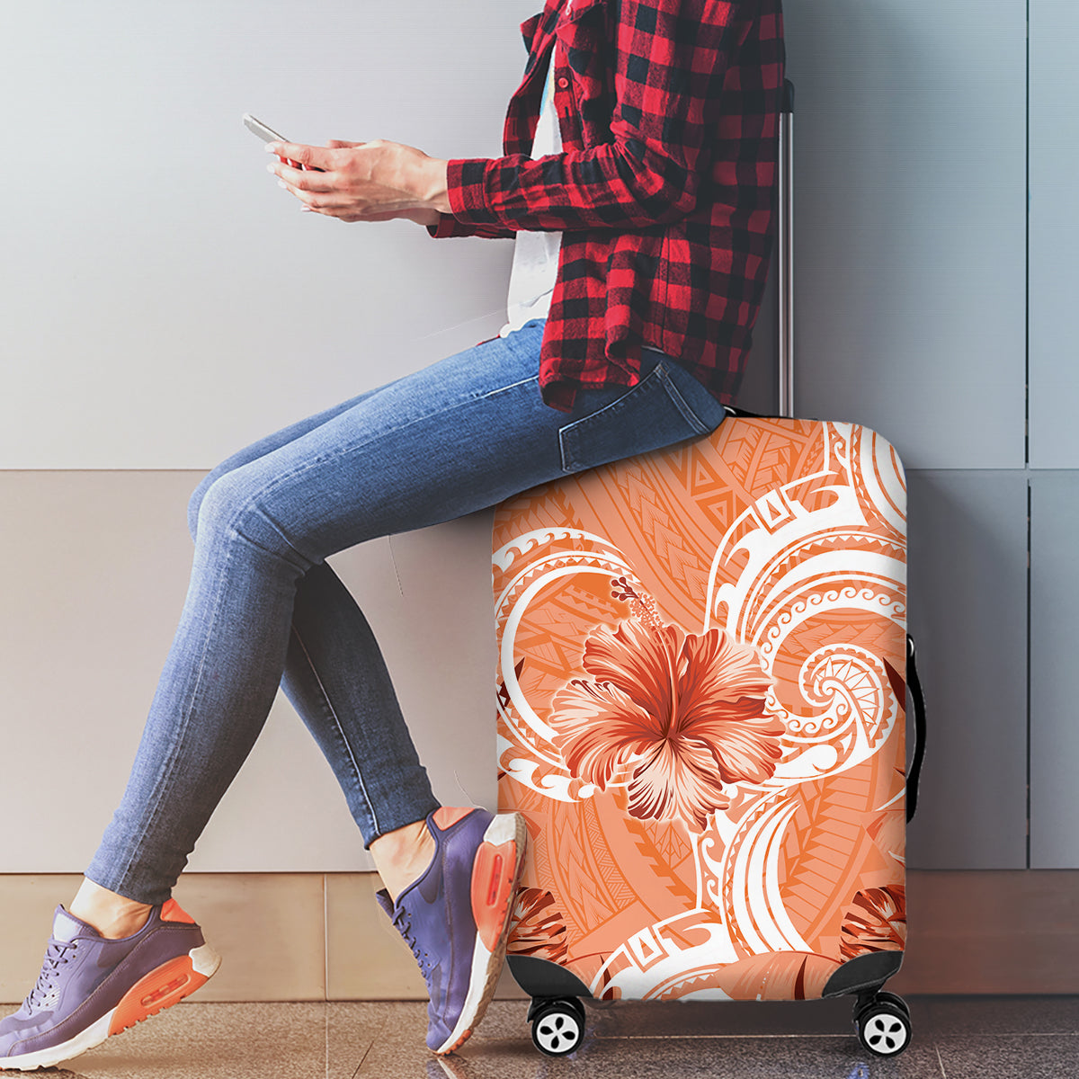 Polynesian Hibiscus Flower Tribal Luggage Cover Peach Color LT9 - Polynesian Pride