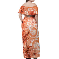 Polynesian Hibiscus Flower Tribal Off Shoulder Maxi Dress Peach Color