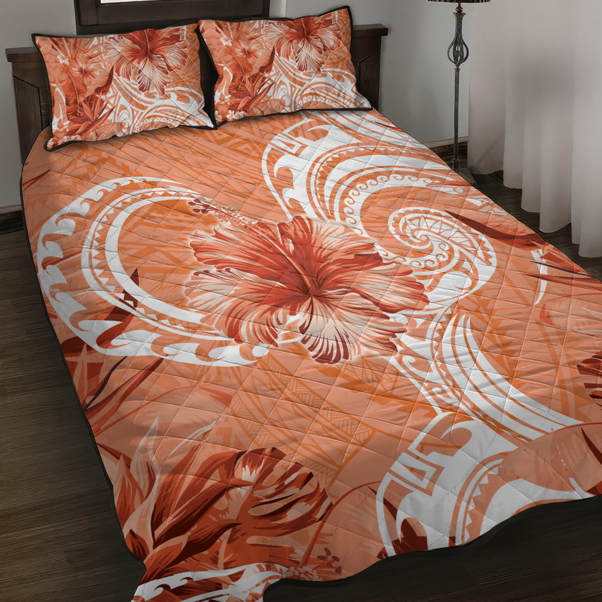 Polynesian Hibiscus Flower Tribal Quilt Bed Set Peach Color