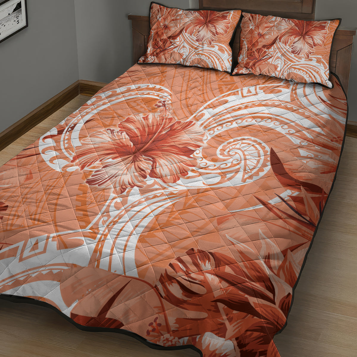 Polynesian Hibiscus Flower Tribal Quilt Bed Set Peach Color