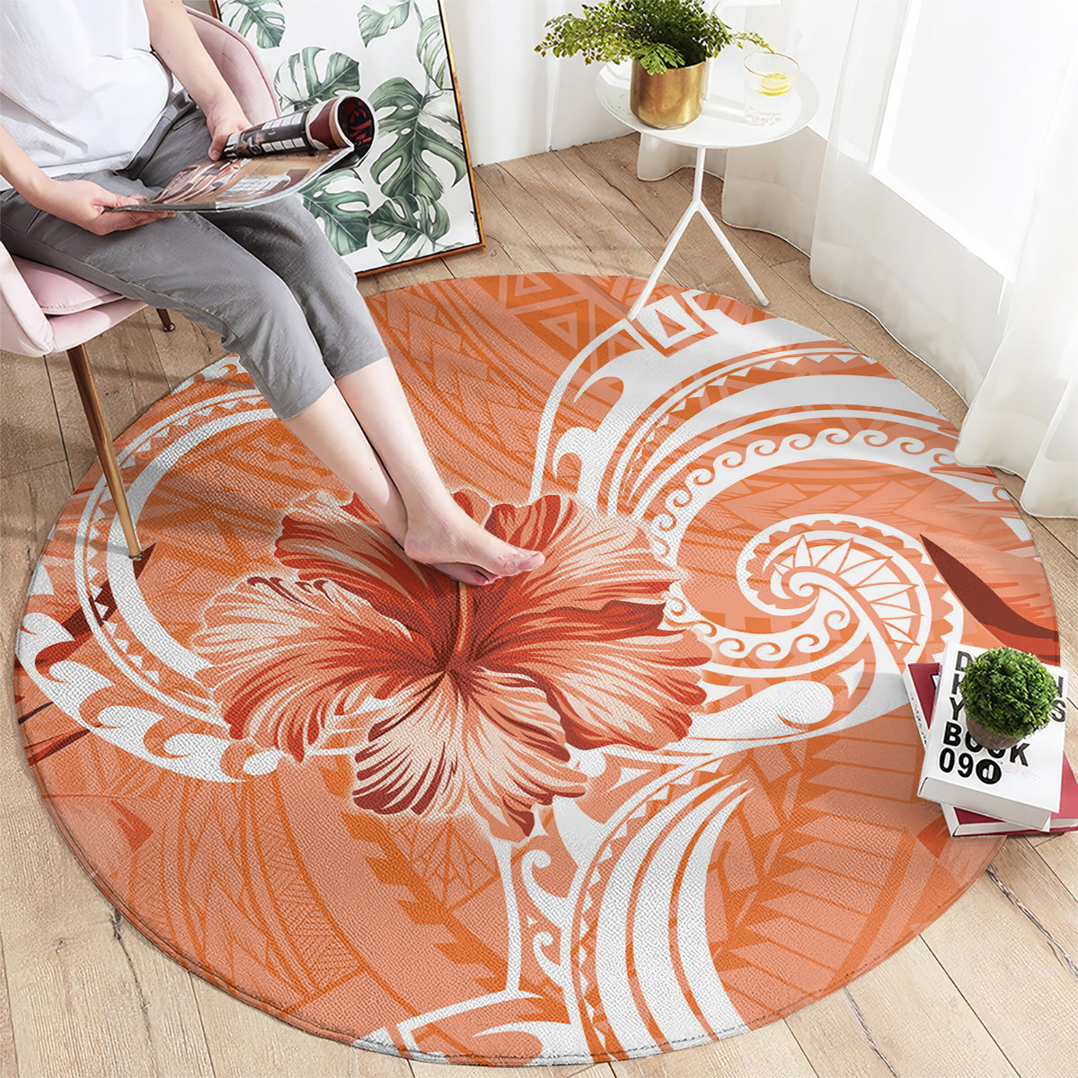 Polynesian Hibiscus Flower Tribal Round Carpet Peach Color LT9 - Polynesian Pride
