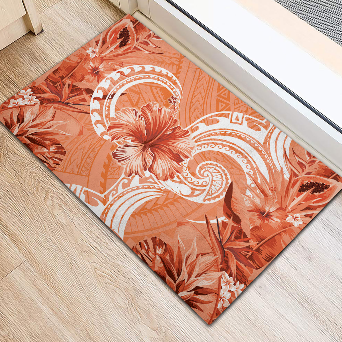 Polynesian Hibiscus Flower Tribal Rubber Doormat Peach Color LT9 - Polynesian Pride