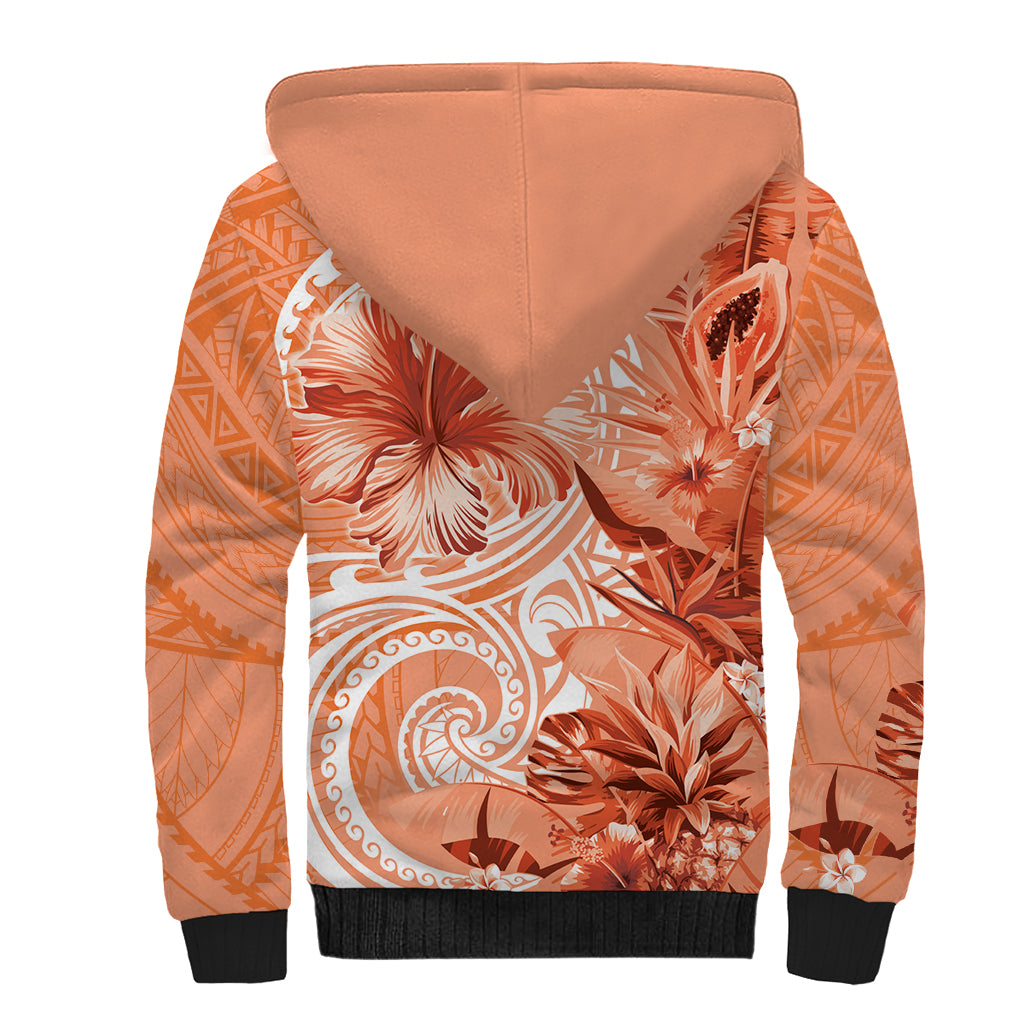 Polynesian Hibiscus Flower Tribal Sherpa Hoodie Peach Color