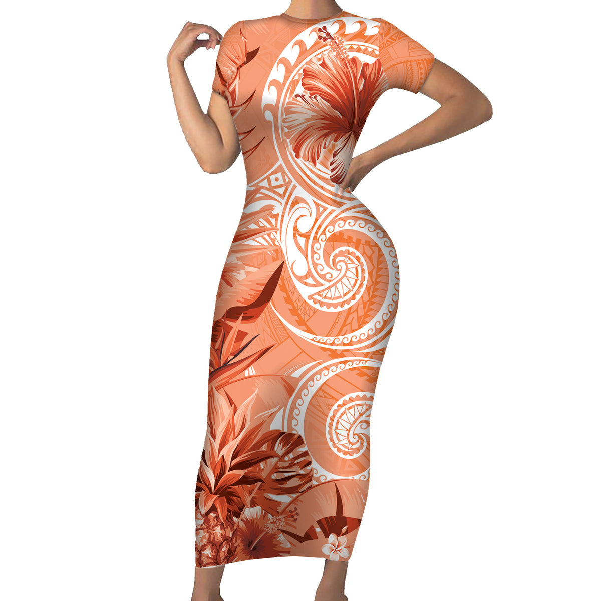 Polynesian Hibiscus Flower Tribal Short Sleeve Bodycon Dress Peach Color