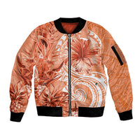 Polynesian Hibiscus Flower Tribal Sleeve Zip Bomber Jacket Peach Color