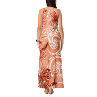 Polynesian Hibiscus Flower Tribal Tank Maxi Dress Peach Color