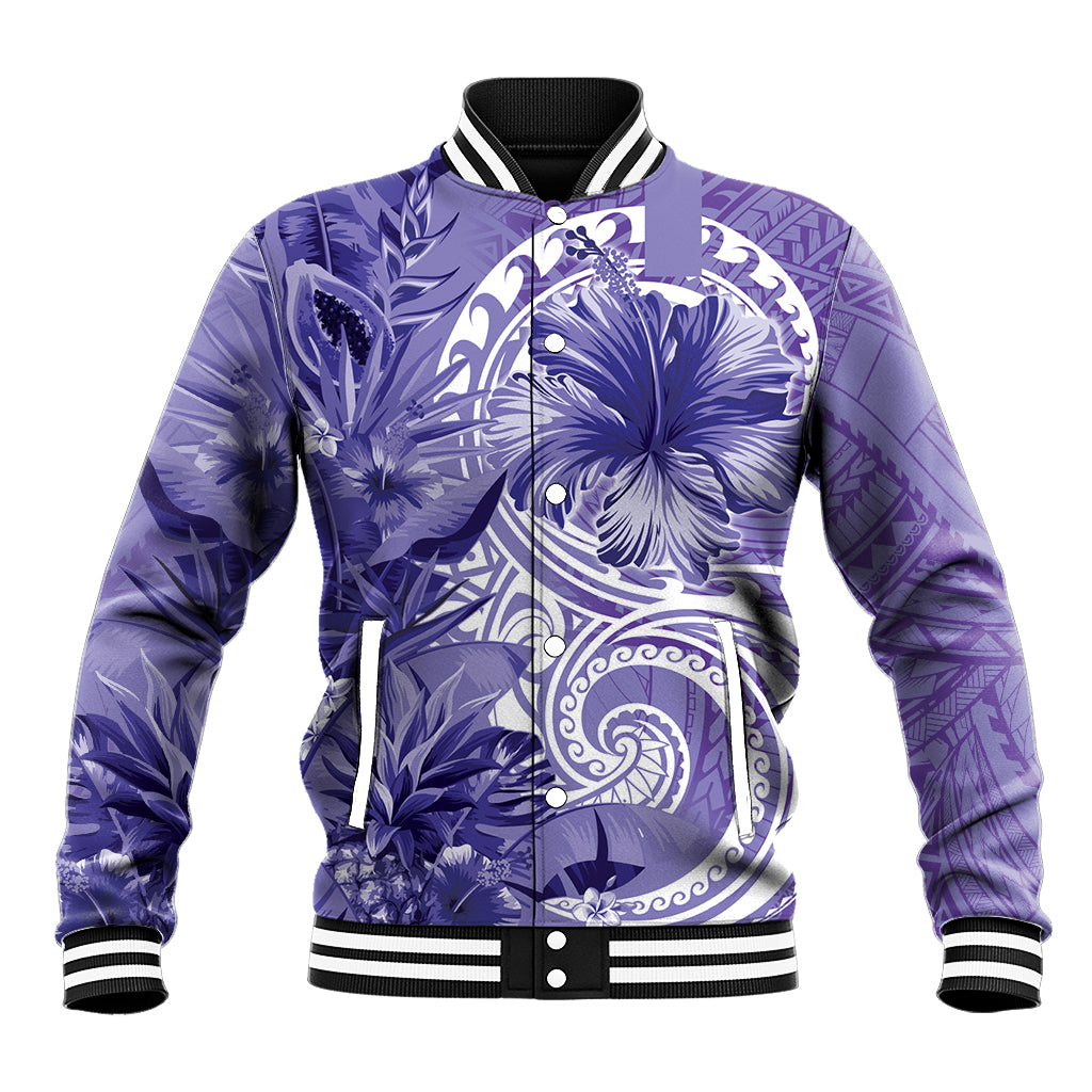 Polynesian Hibiscus Flower Tribal Baseball Jacket Violet Color LT9 Unisex Violet - Polynesian Pride