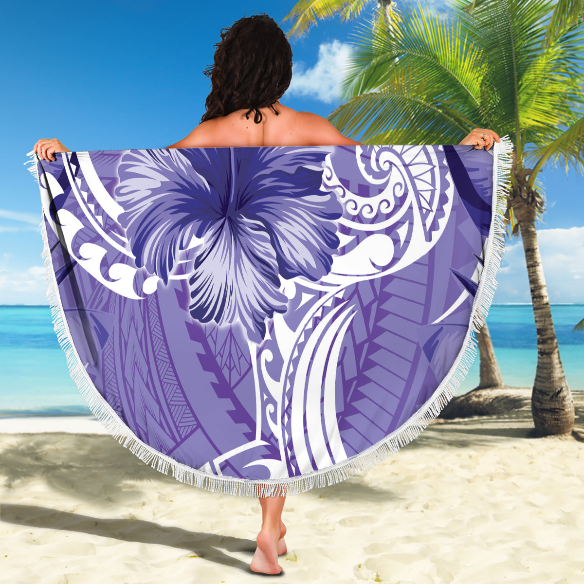 Polynesian Hibiscus Flower Tribal Beach Blanket Violet Color