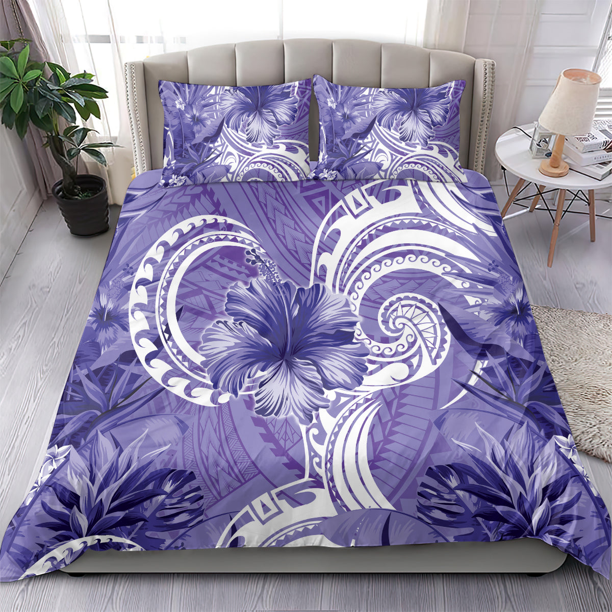 Polynesian Hibiscus Flower Tribal Bedding Set Violet Color