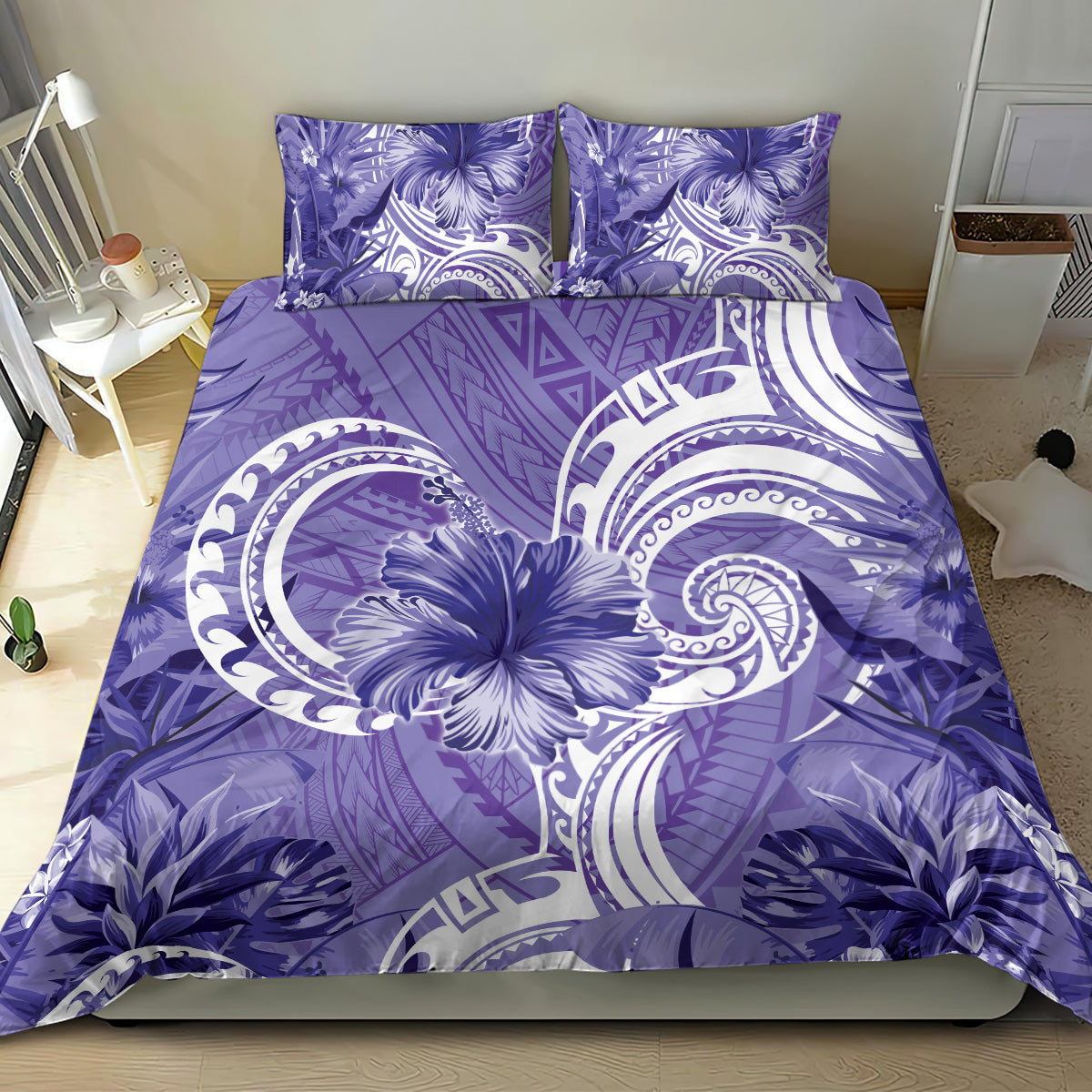 Polynesian Hibiscus Flower Tribal Bedding Set Violet Color