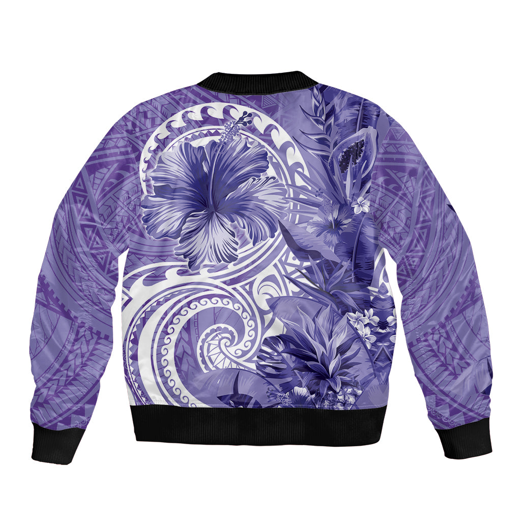 Polynesian Hibiscus Flower Tribal Bomber Jacket Violet Color