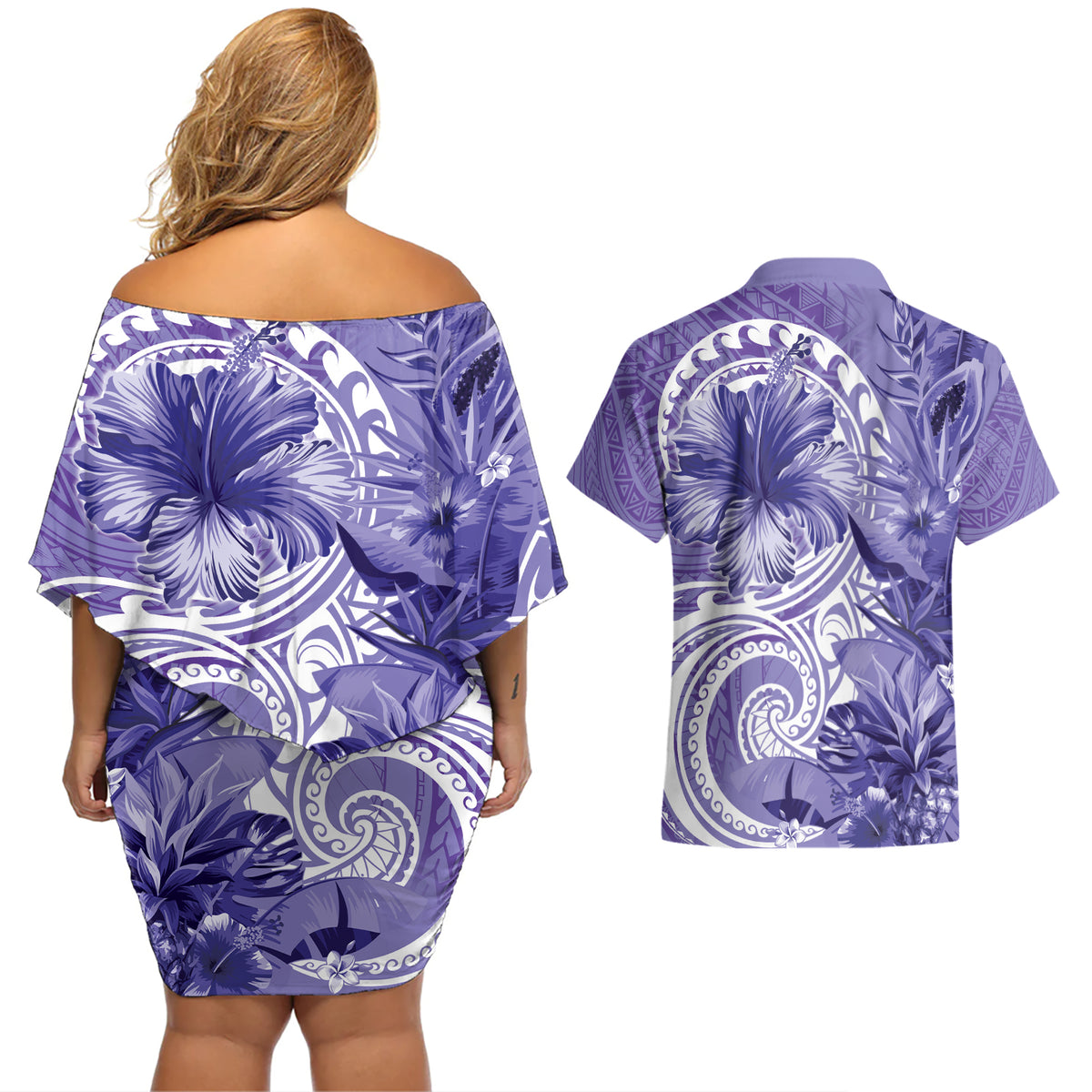 Polynesian Hibiscus Flower Tribal Couples Matching Off Shoulder Short Dress and Hawaiian Shirt Violet Color