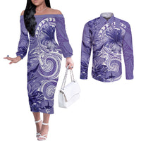 Polynesian Hibiscus Flower Tribal Couples Matching Off The Shoulder Long Sleeve Dress and Long Sleeve Button Shirt Violet Color