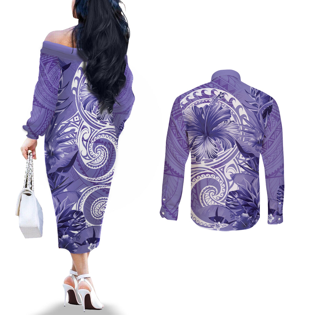 Polynesian Hibiscus Flower Tribal Couples Matching Off The Shoulder Long Sleeve Dress and Long Sleeve Button Shirt Violet Color