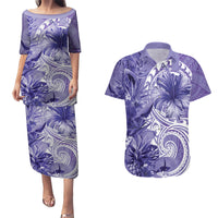 Polynesian Hibiscus Flower Tribal Couples Matching Puletasi and Hawaiian Shirt Violet Color