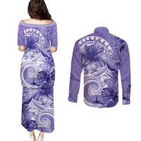 Polynesian Hibiscus Flower Tribal Couples Matching Puletasi and Long Sleeve Button Shirt Violet Color LT9 - Polynesian Pride