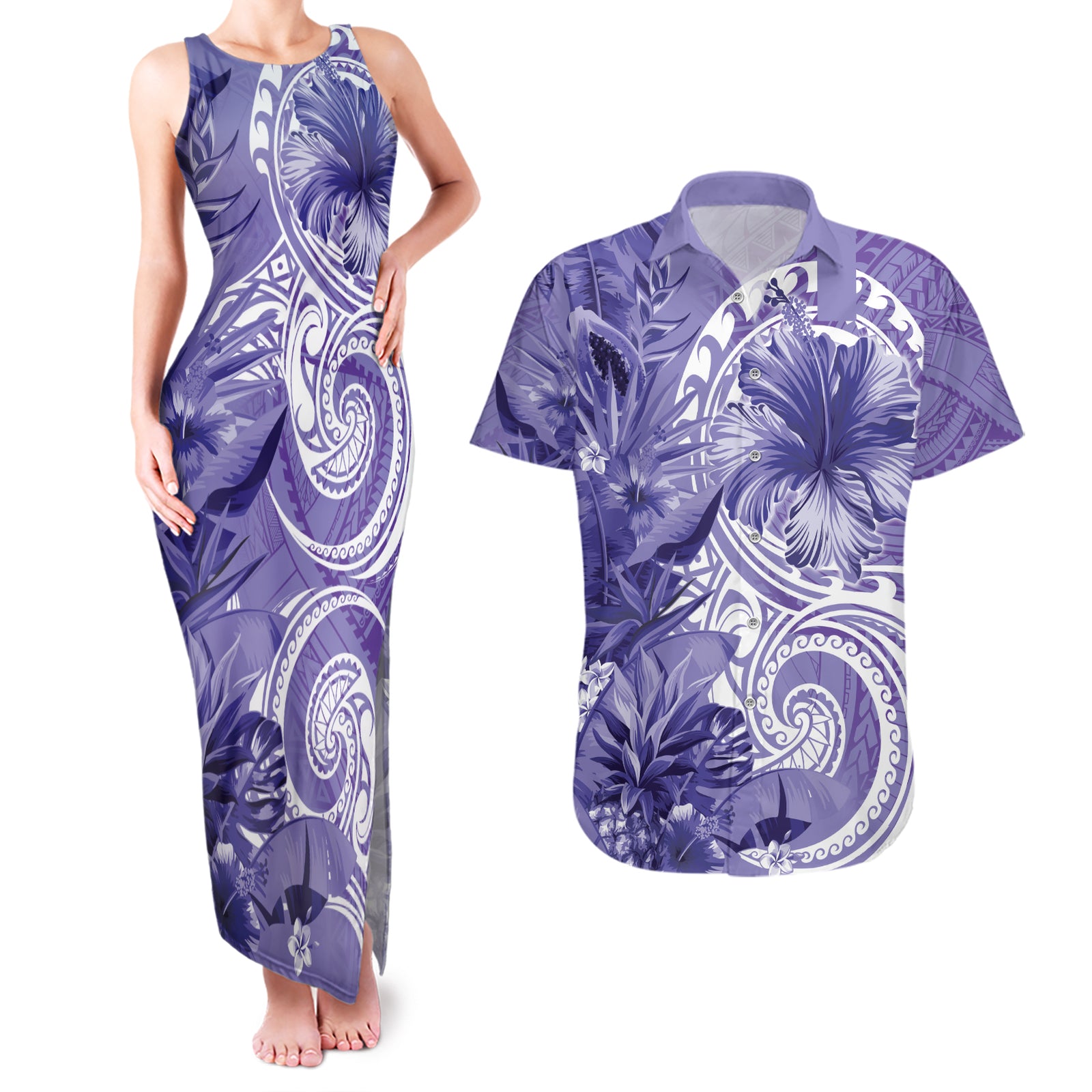 Polynesian Hibiscus Flower Tribal Couples Matching Tank Maxi Dress and Hawaiian Shirt Violet Color LT9 Violet - Polynesian Pride