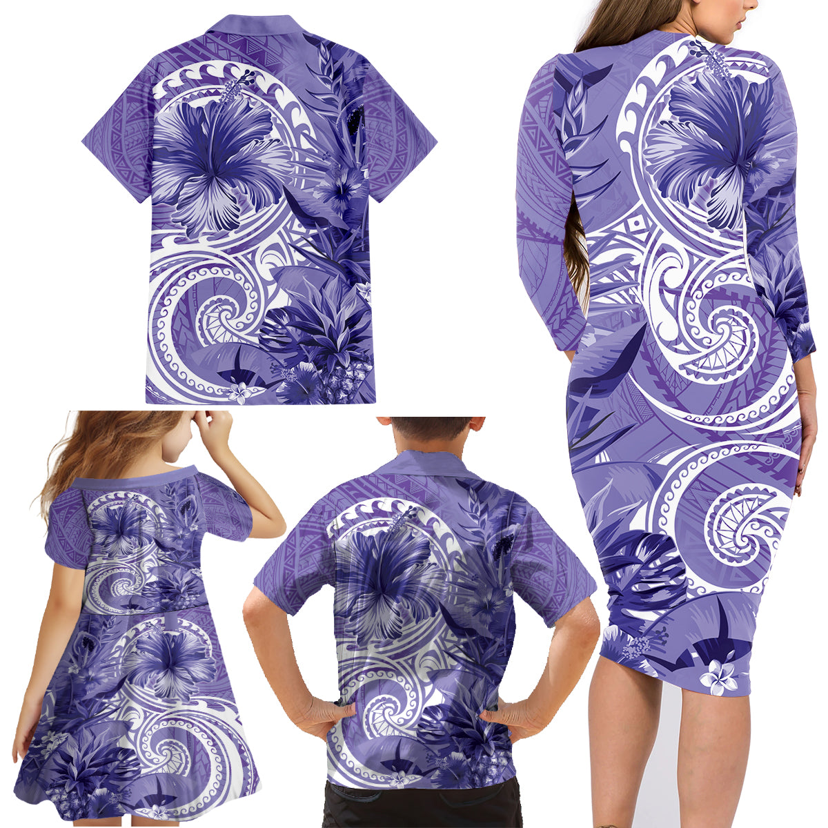 Polynesian Hibiscus Flower Tribal Family Matching Long Sleeve Bodycon Dress and Hawaiian Shirt Violet Color