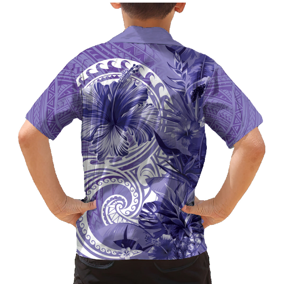 Polynesian Hibiscus Flower Tribal Family Matching Mermaid Dress and Hawaiian Shirt Violet Color