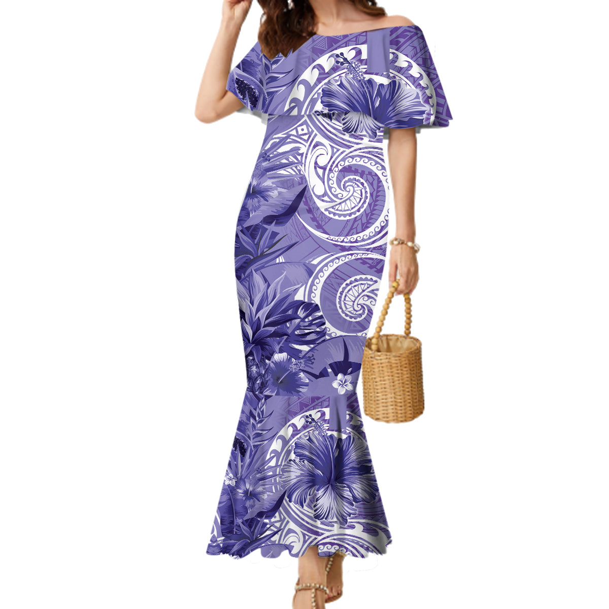 Polynesian Hibiscus Flower Tribal Family Matching Mermaid Dress and Hawaiian Shirt Violet Color