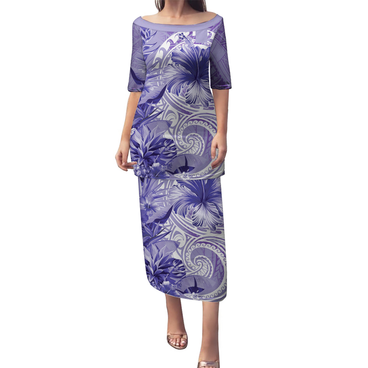 Polynesian Hibiscus Flower Tribal Family Matching Puletasi and Hawaiian Shirt Violet Color