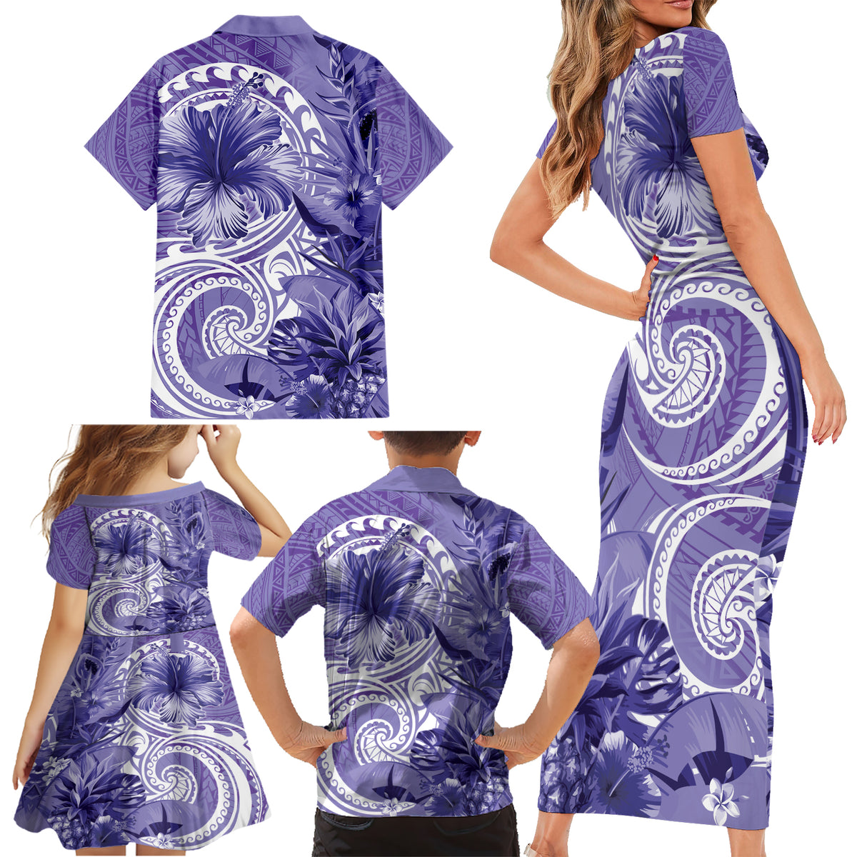Polynesian Hibiscus Flower Tribal Family Matching Short Sleeve Bodycon Dress and Hawaiian Shirt Violet Color