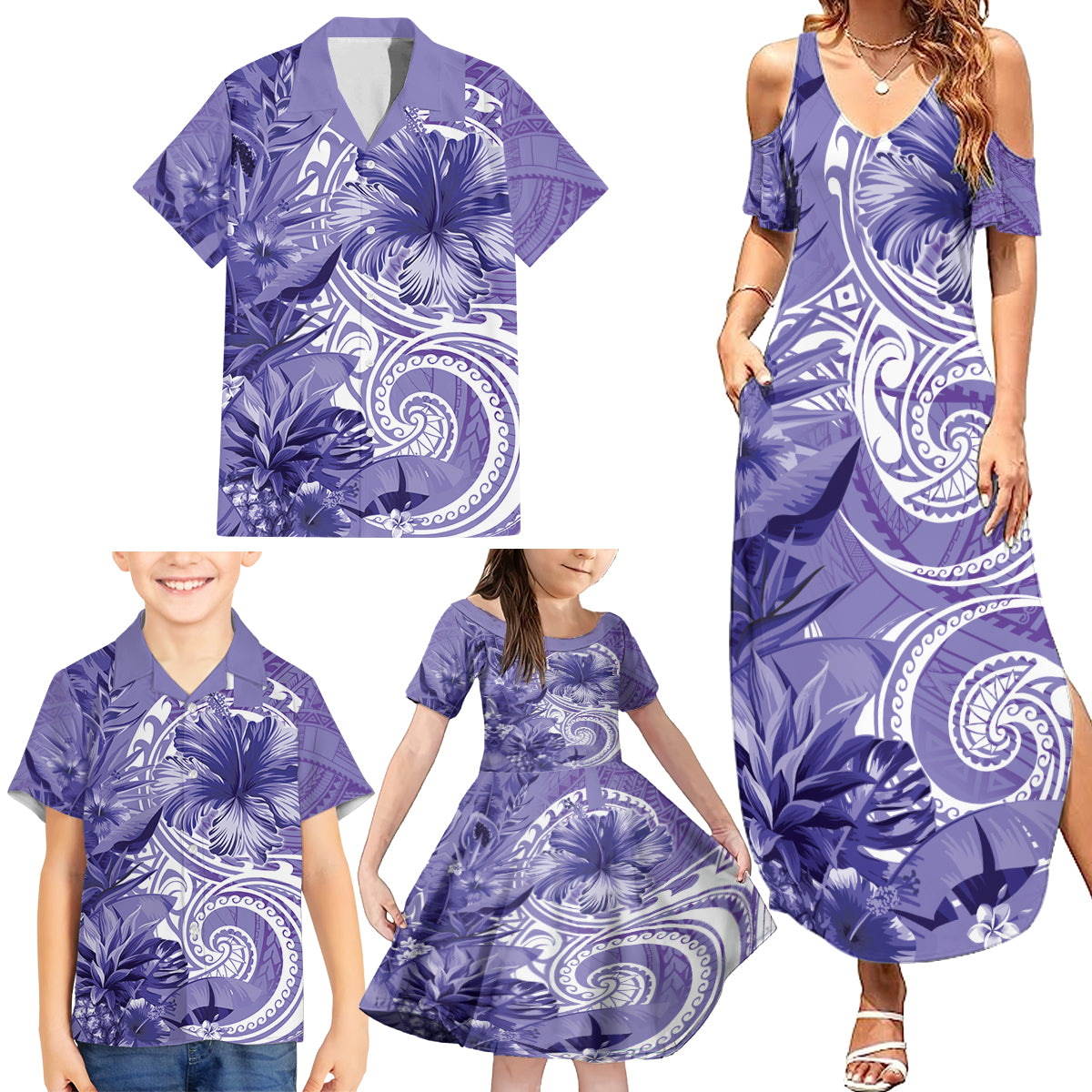 Polynesian Hibiscus Flower Tribal Family Matching Summer Maxi Dress and Hawaiian Shirt Violet Color LT9 - Polynesian Pride