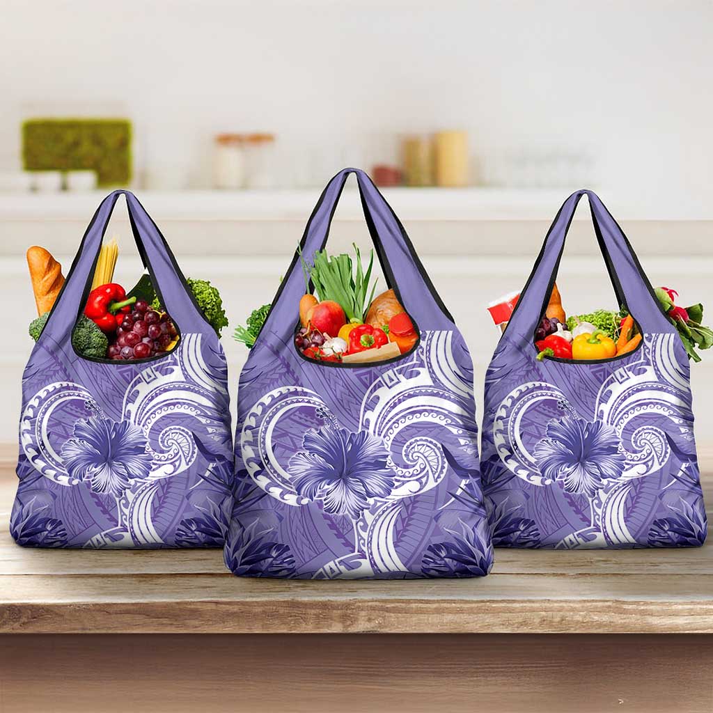 Polynesian Hibiscus Flower Tribal Grocery Bag Violet Color