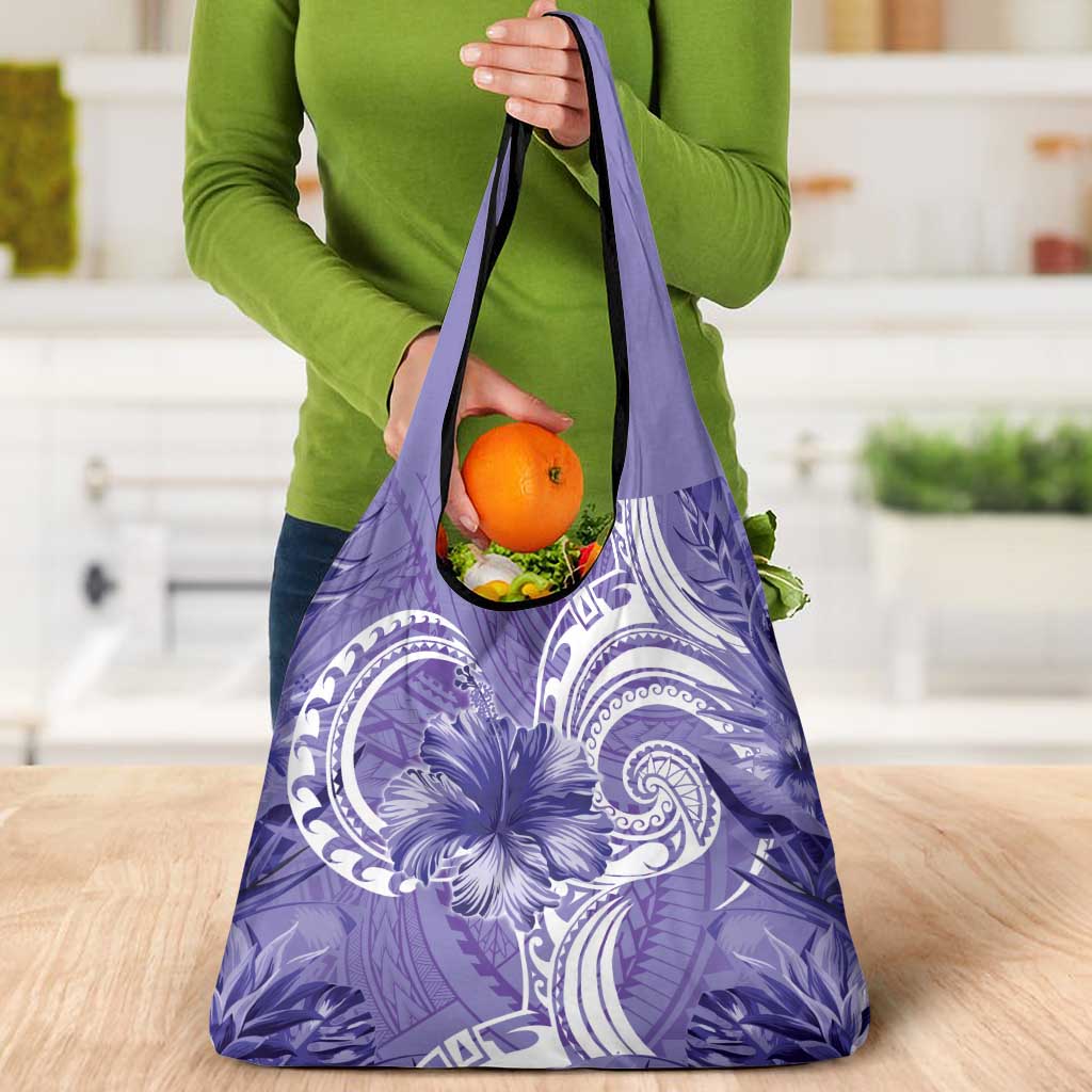 Polynesian Hibiscus Flower Tribal Grocery Bag Violet Color