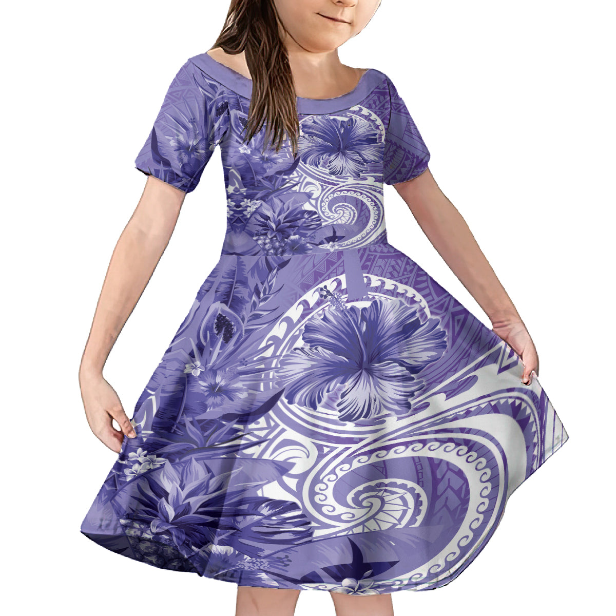 Polynesian Hibiscus Flower Tribal Kid Short Sleeve Dress Violet Color