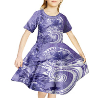 Polynesian Hibiscus Flower Tribal Kid Short Sleeve Dress Violet Color