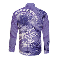 Polynesian Hibiscus Flower Tribal Long Sleeve Button Shirt Violet Color