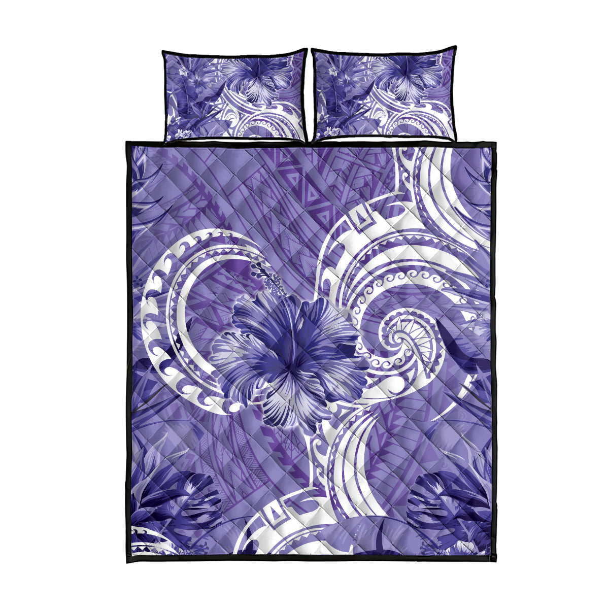 Polynesian Hibiscus Flower Tribal Quilt Bed Set Violet Color