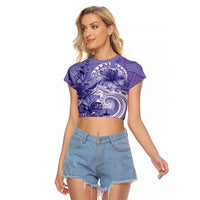 Polynesian Hibiscus Flower Tribal Raglan Cropped T Shirt Violet Color