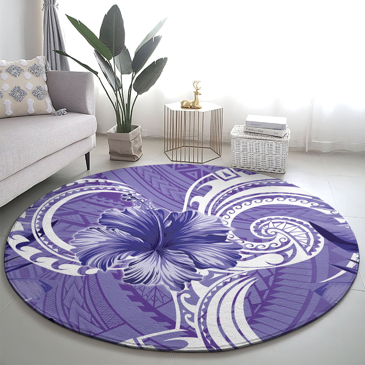 Polynesian Hibiscus Flower Tribal Round Carpet Violet Color LT9 - Polynesian Pride