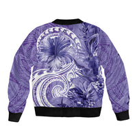 Polynesian Hibiscus Flower Tribal Sleeve Zip Bomber Jacket Violet Color