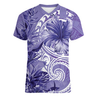 Polynesian Hibiscus Flower Tribal Women V Neck T Shirt Violet Color