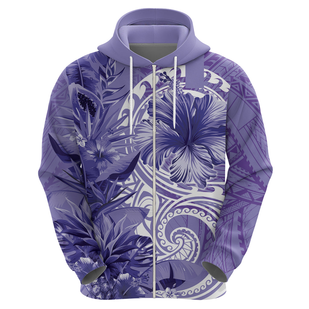 Polynesian Hibiscus Flower Tribal Zip Hoodie Violet Color