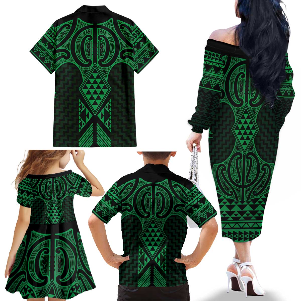 Kakariki Maori Ta Moko Poutama Art Family Matching Off The Shoulder Long Sleeve Dress and Hawaiian Shirt