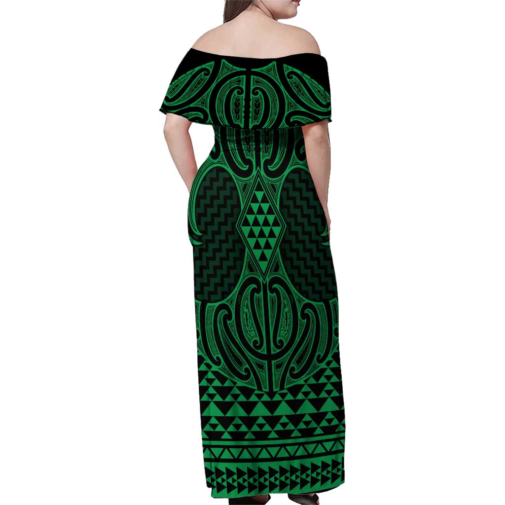 Kakariki Maori Ta Moko Poutama Art Family Matching Off Shoulder Maxi Dress and Hawaiian Shirt