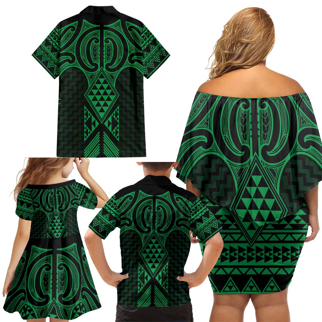 Kakariki Maori Ta Moko Poutama Art Family Matching Off Shoulder Short Dress and Hawaiian Shirt