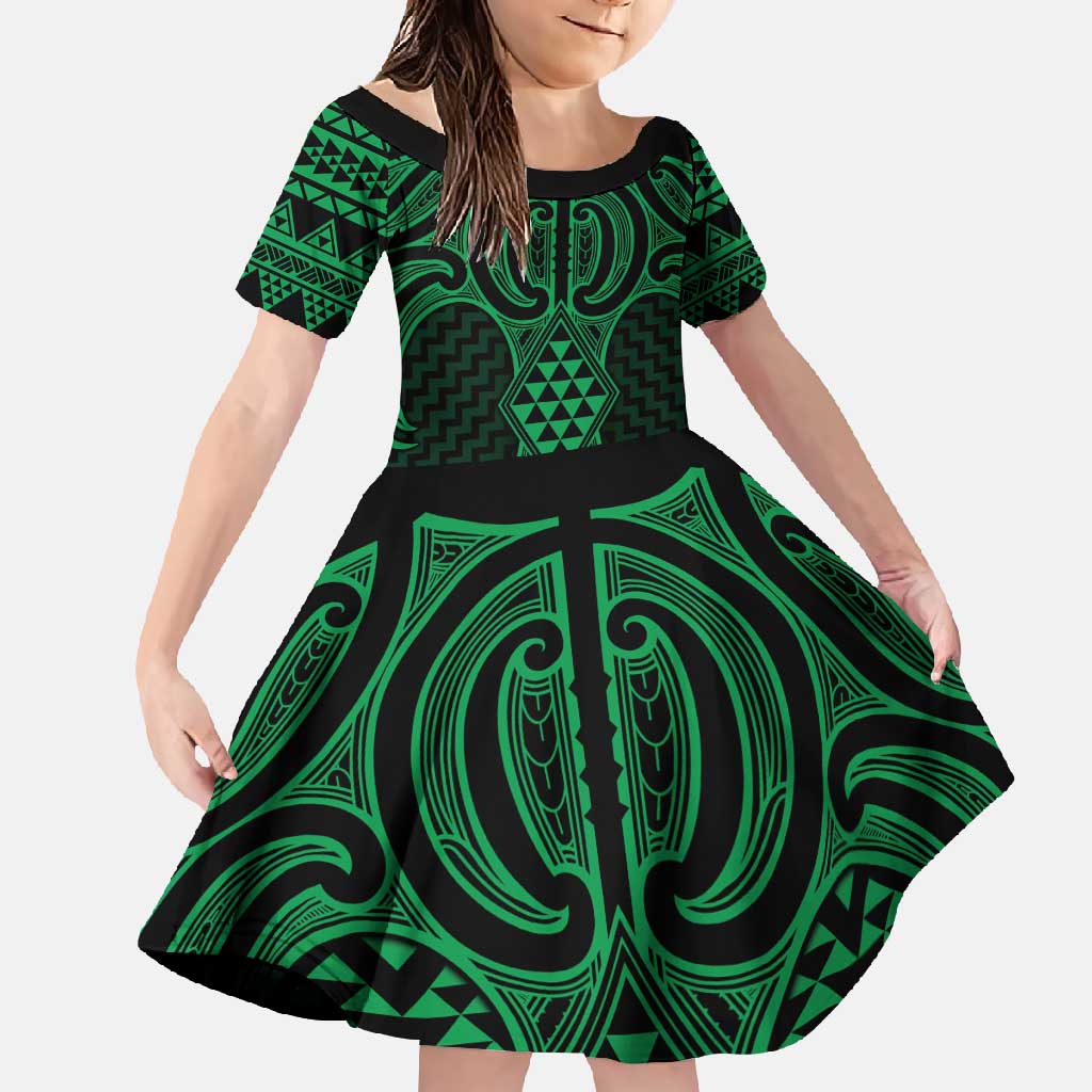 Kakariki Maori Ta Moko Poutama Art Family Matching Short Sleeve Bodycon Dress and Hawaiian Shirt LT9 Daughter's Dress Green - Polynesian Pride