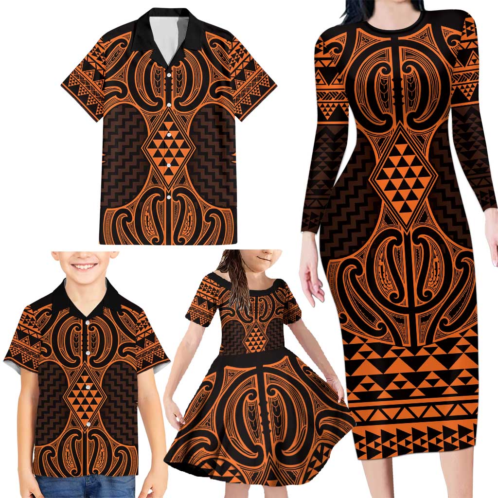 Karaka Maori Ta Moko Poutama Art Family Matching Long Sleeve Bodycon Dress and Hawaiian Shirt