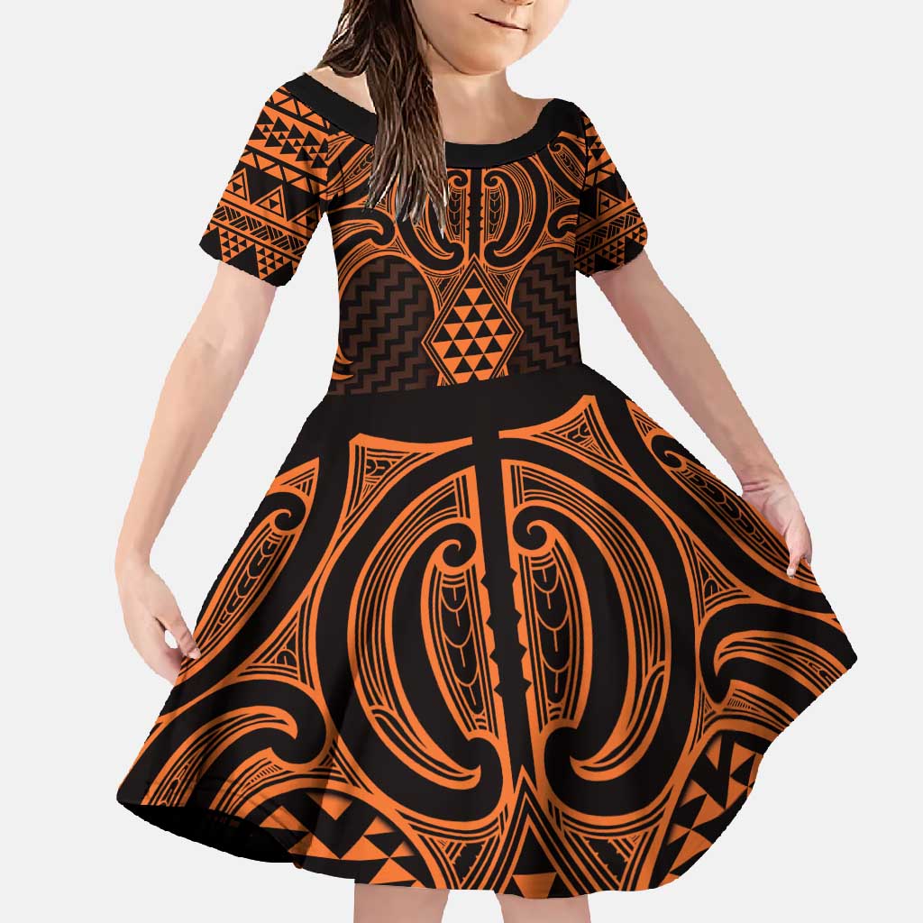 Karaka Maori Ta Moko Poutama Art Family Matching Mermaid Dress and Hawaiian Shirt LT9 Daughter's Dress Gold - Polynesian Pride