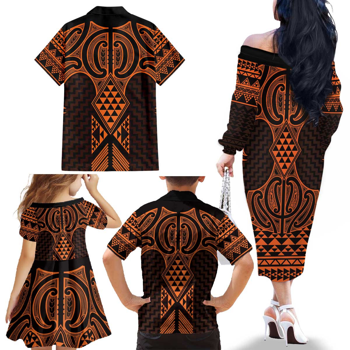 Karaka Maori Ta Moko Poutama Art Family Matching Off The Shoulder Long Sleeve Dress and Hawaiian Shirt